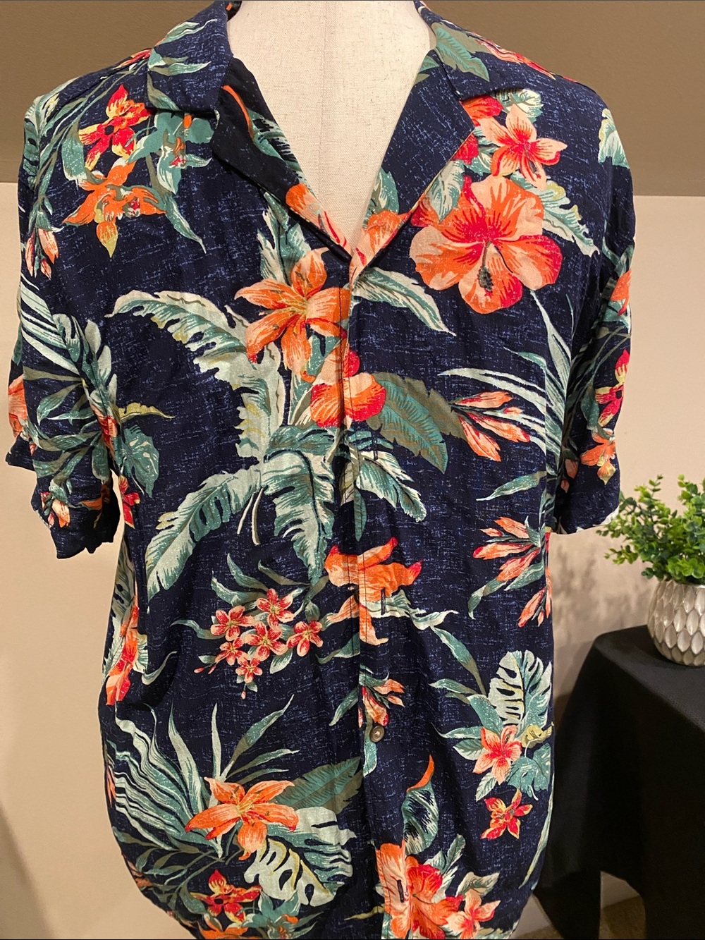 Old Navy Navy Button-Down Shirt with Orange Floral Print